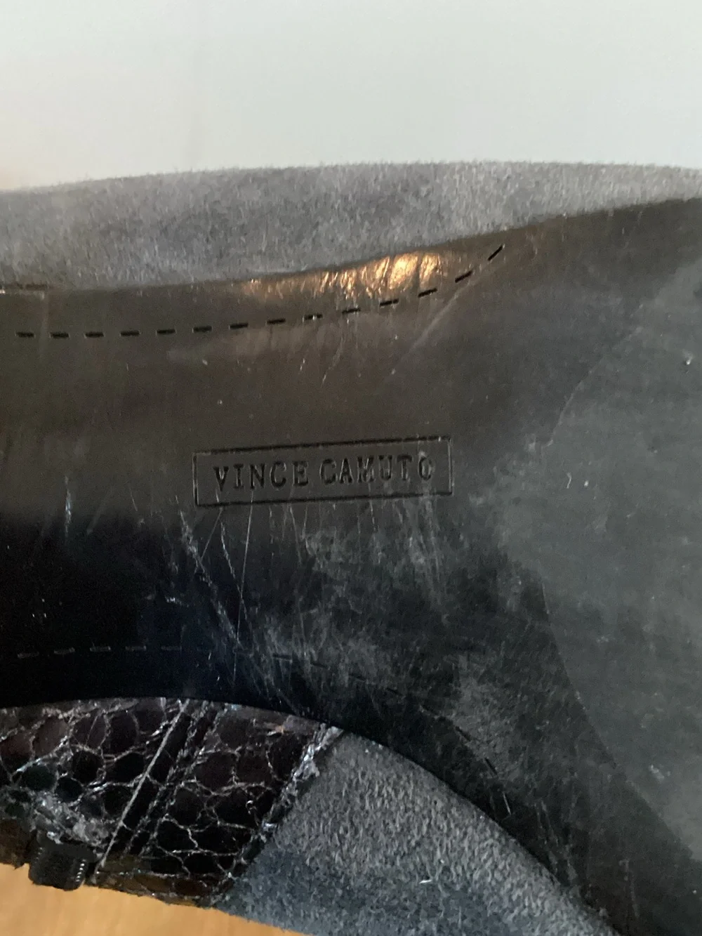 Vince Camuto Charcoal Gray Over-the-Knee Suede Boots with Snake-Trim
